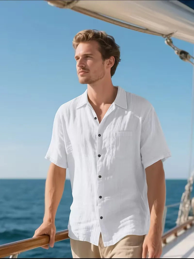 Mens Short Sleeve Linen Shirt Chest Pocket