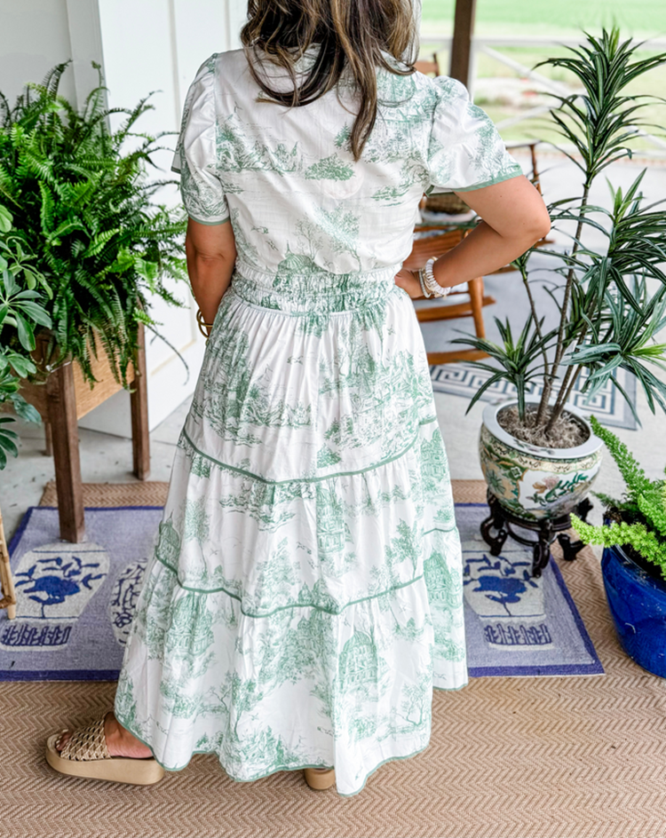 Toile Print Maxi Dress Tiered Smocked Waist
