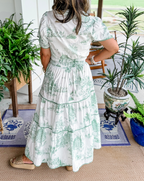 Toile Print Maxi Dress Tiered Smocked Waist