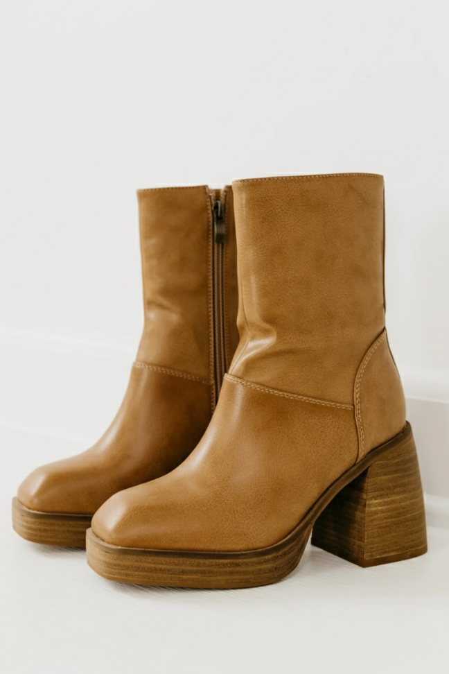 Fall Leather Block Heel Ankle Boots — Tan Square Toe Zip-Up Design