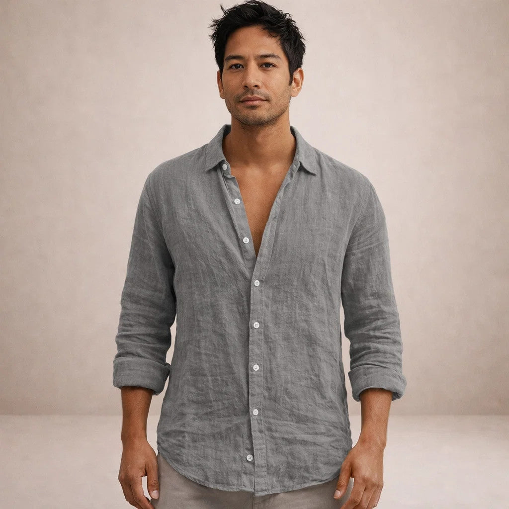 Mens Linen Shirt Open Collar Long Sleeve Regular Fit