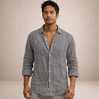 Mens Linen Shirt Open Collar Long Sleeve Regular Fit