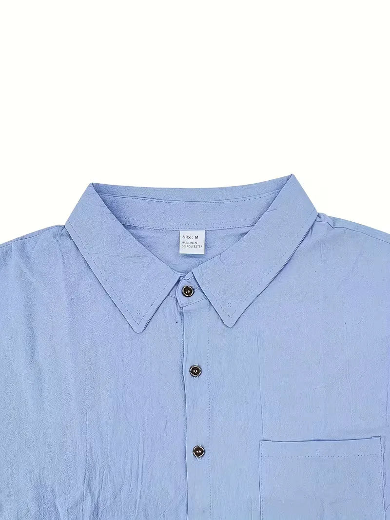 Mens Short Sleeve Linen Shirt Chest Pocket
