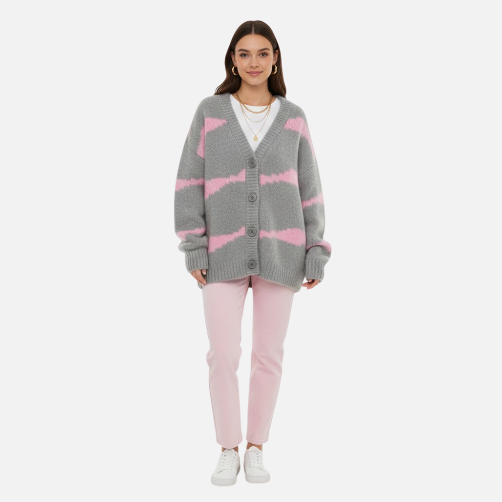 Evangeline | Fall V-Neck Cardigan with Horizontal Stripes and Button Front