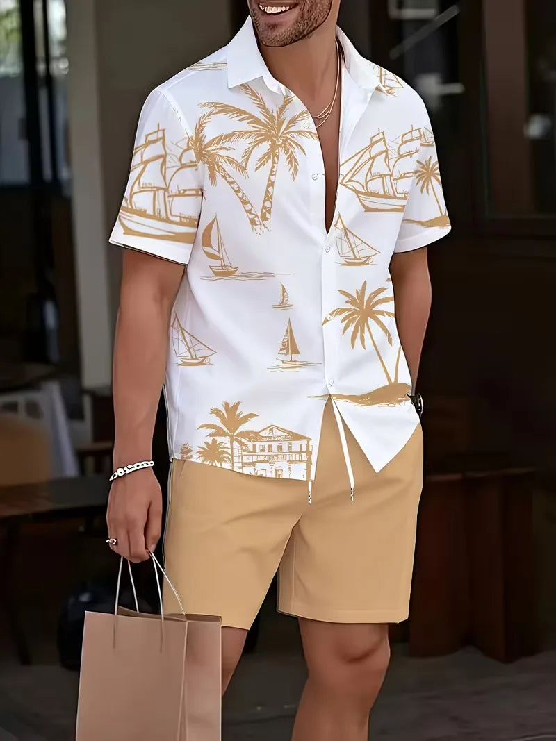 Mens Tropical Print Shirt and Shorts Set