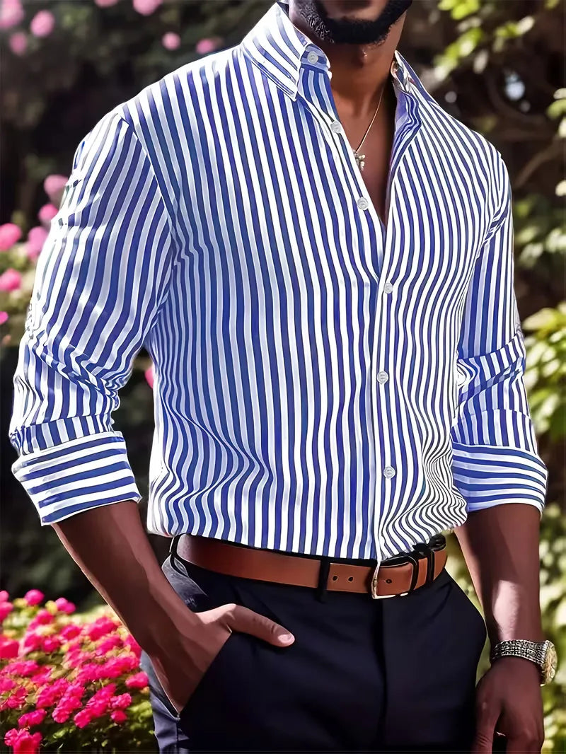 Mens Vertical Stripe Dress Shirt Mandarin Collar