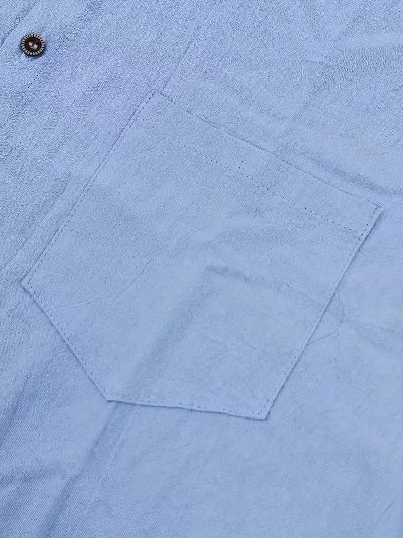 Mens Short Sleeve Linen Shirt Chest Pocket