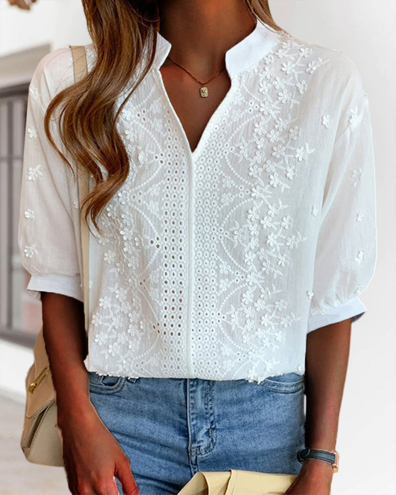 V-Neck Puff Sleeve Blouse Lightweight