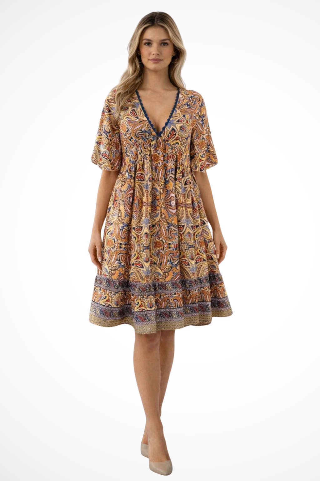 Womens Boho Print Midi Summer Dress V Neck Four Color