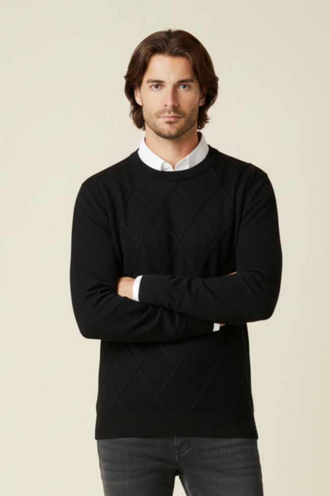 Fall Diamond Knit Cashmere Sweater — Classic Crew Neck Pullover for Layering