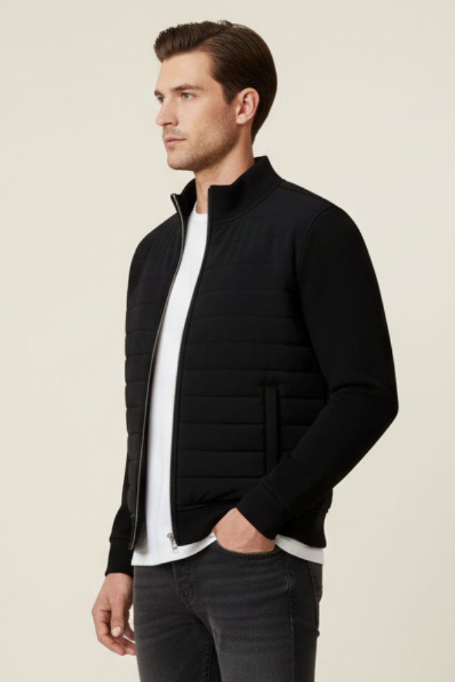 Fall Quilted Zip Jacket — Lightweight Padded Bomber with Ribbed Trim