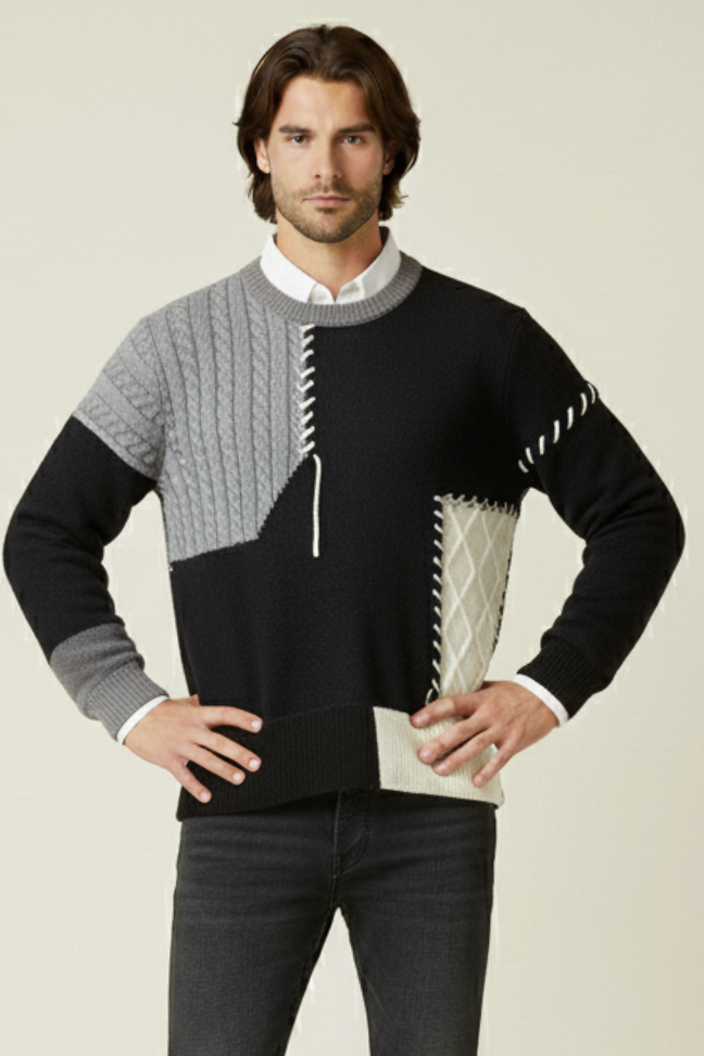 Fall Patchwork Knit Sweater — Textured Cable Stitch Pullover