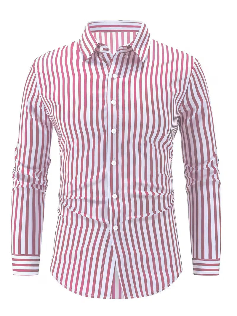 Mens Vertical Stripe Dress Shirt Mandarin Collar