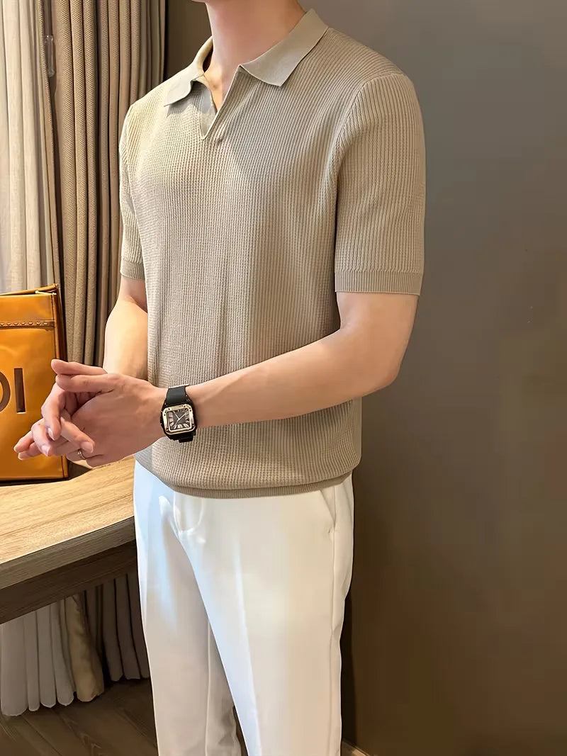 Mens V Neck Knitted Short Sleeve Polo