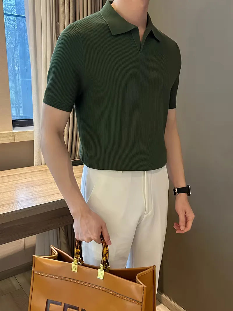 Mens V Neck Knitted Short Sleeve Polo