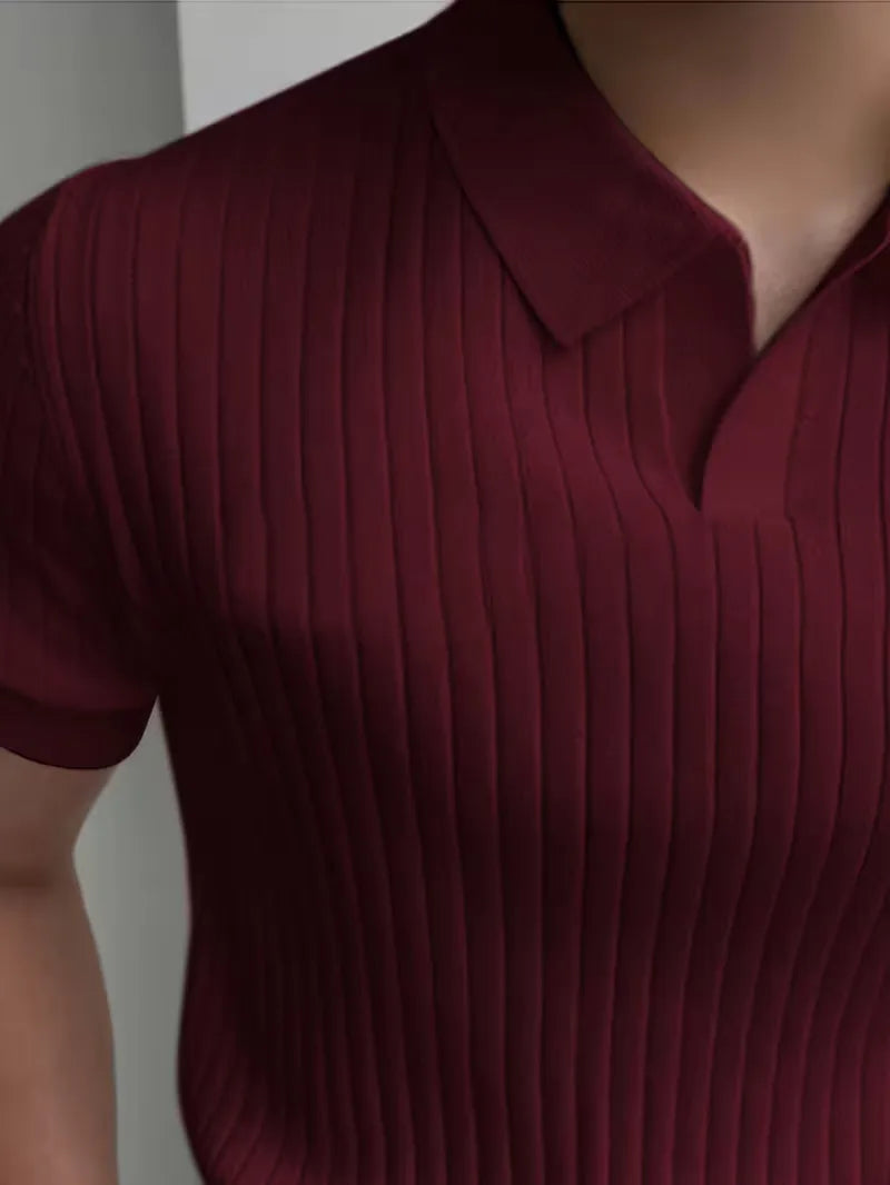 Mens V Neck Ribbed Texture Polo