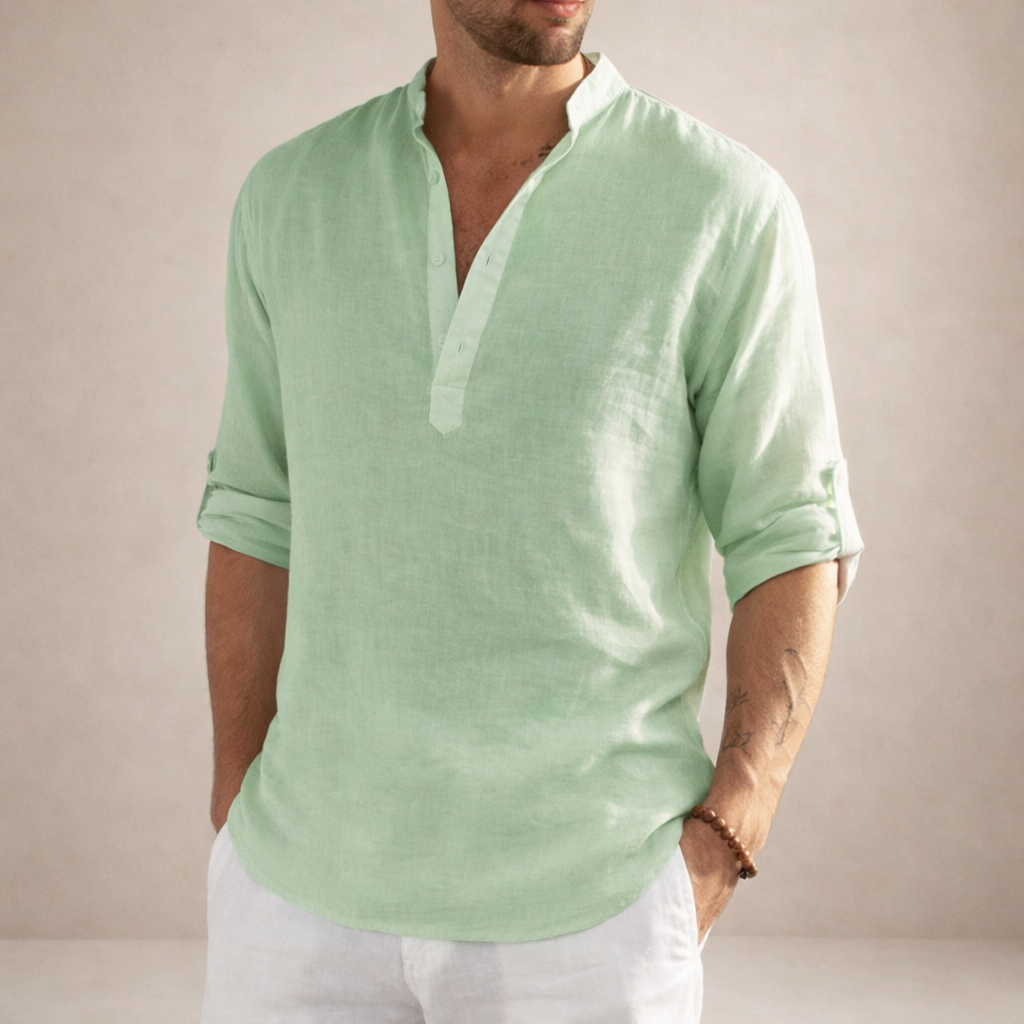 Men's Linen Shirt Regular Fit Breathable Stand-Up Collar Long Sleeves