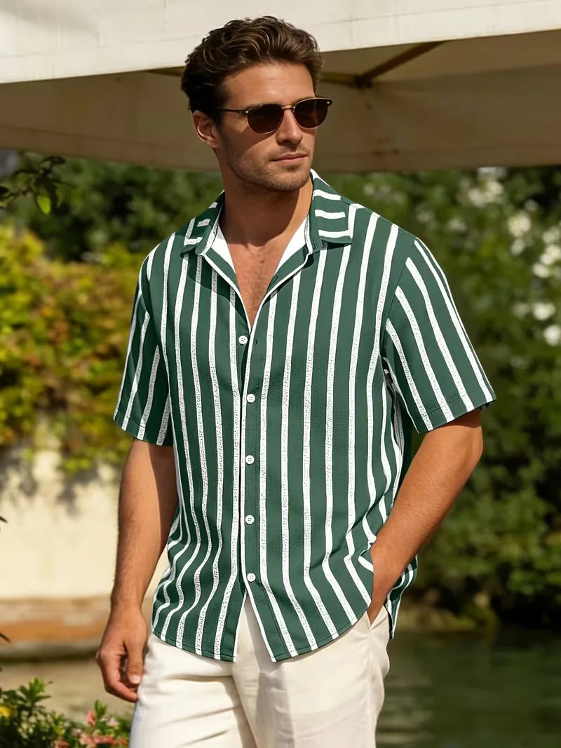 Mens Short Sleeve V Neck Stripe Shirt