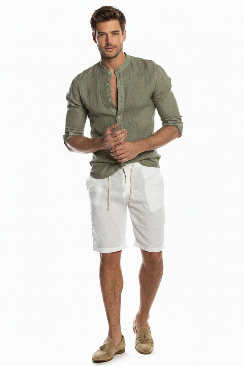 Mens Button Shirt Regular Fit Classic Collar Green