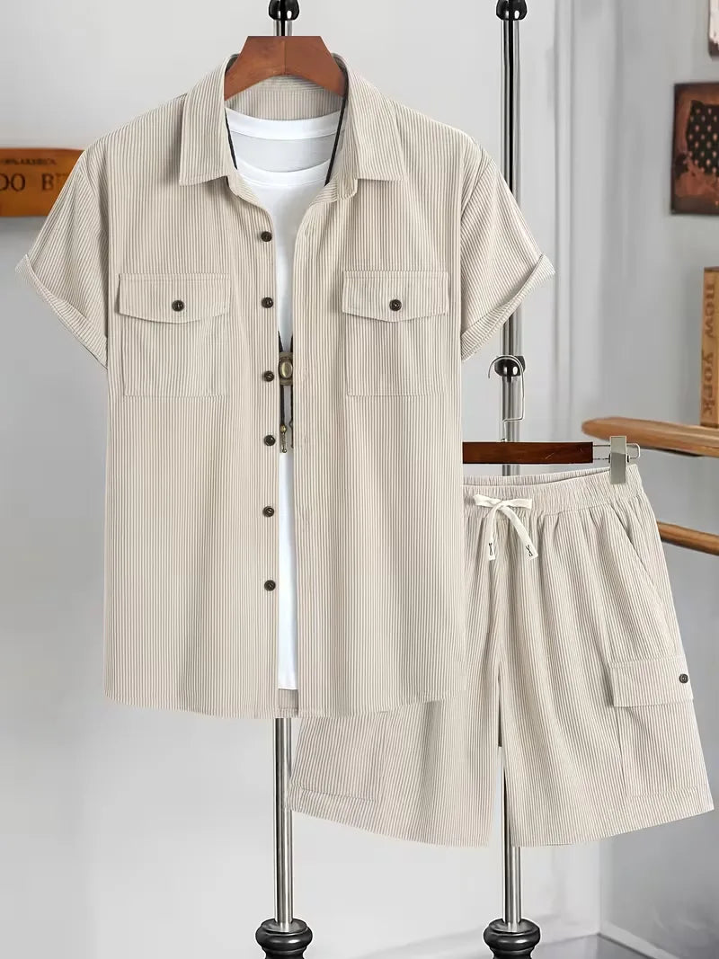 Mens Button-Up Shirt and Cargo Shorts Set