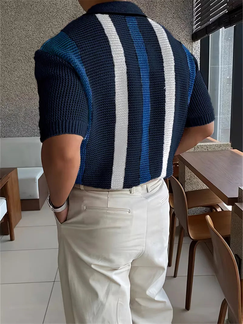Mens Short Sleeve V Neck Striped Polo