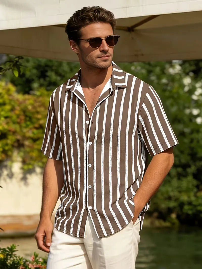Mens Short Sleeve V Neck Stripe Shirt