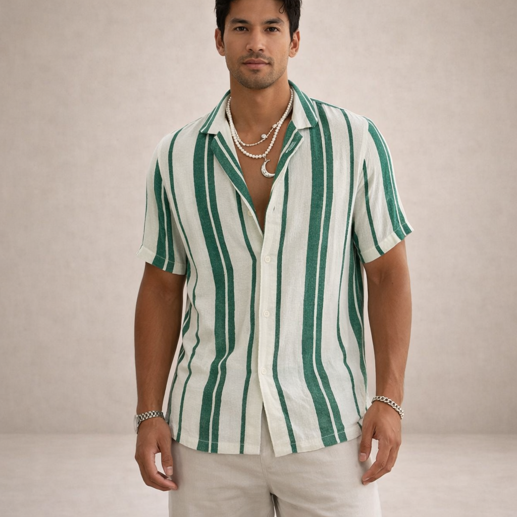 Mens Linen Shirt Striped Long Sleeve Regular Fit