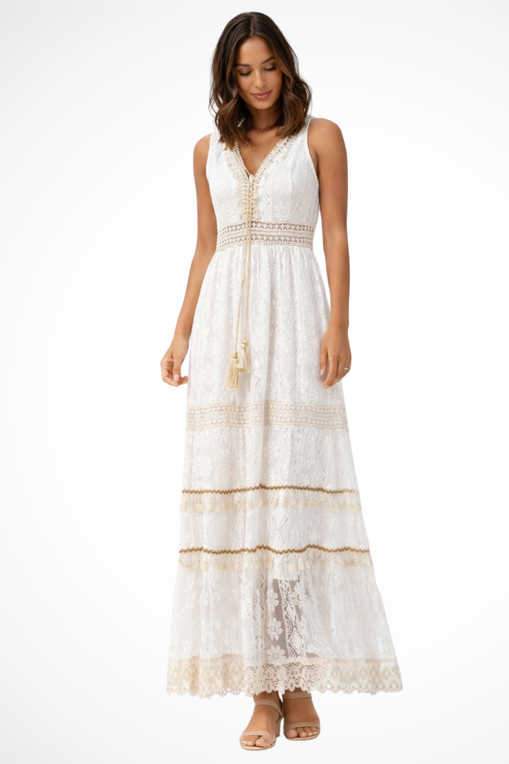 Womens Boho Maxi Summer Dress Lace Tassel V Neck