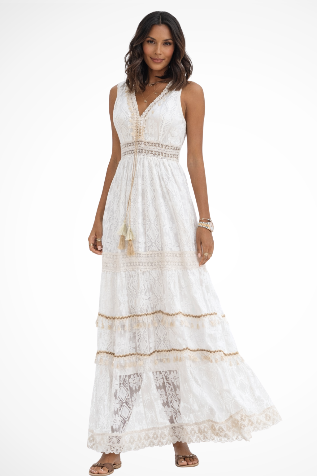 Womens Boho Maxi Summer Dress Lace Tassel V Neck