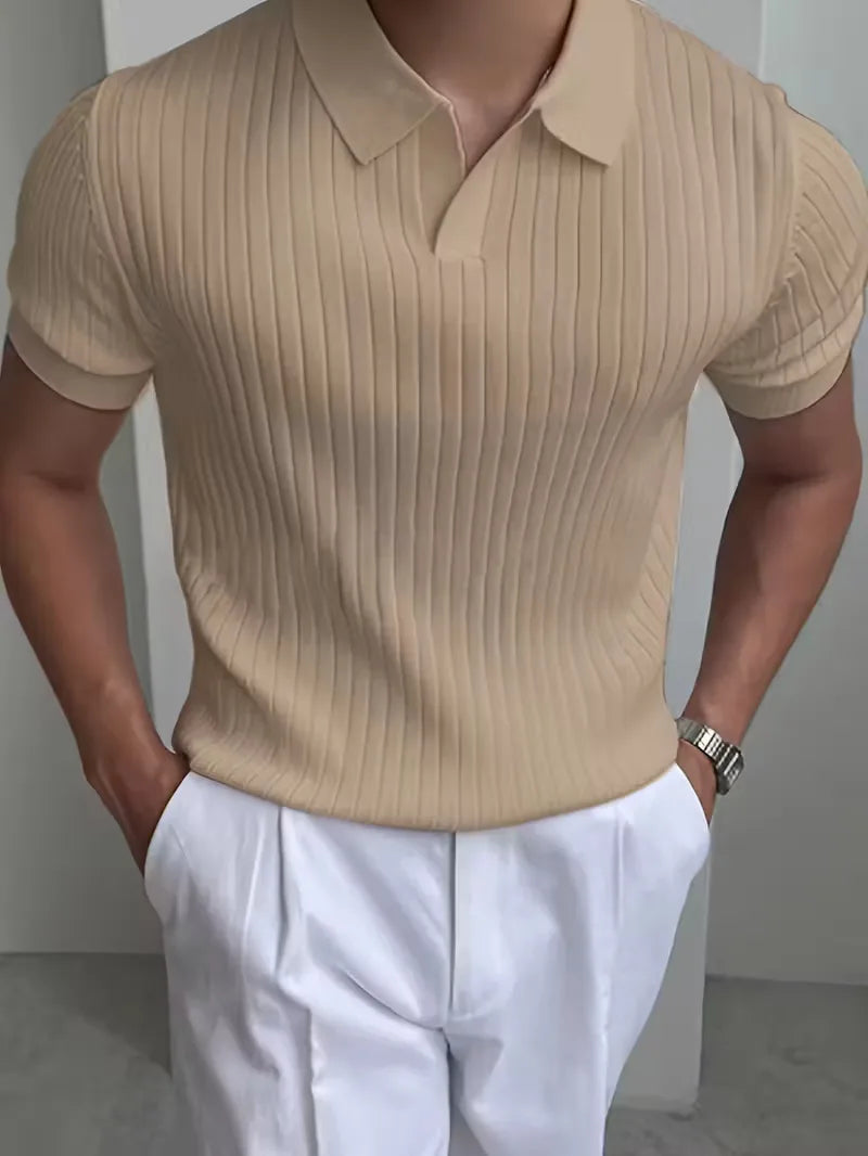 Mens V Neck Ribbed Texture Polo
