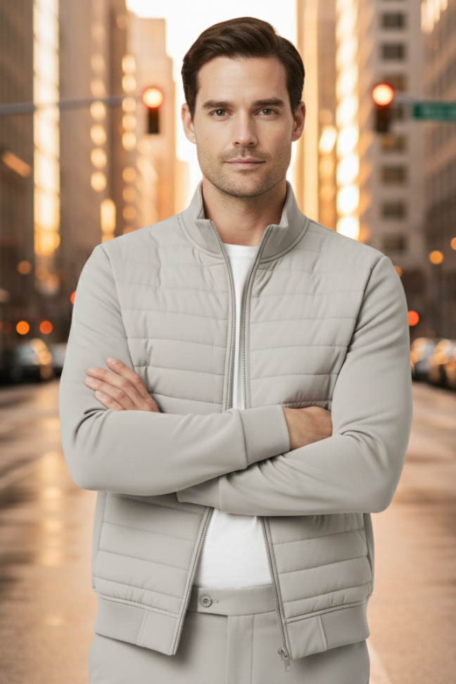 Fall Quilted Zip Jacket — Lightweight Padded Bomber with Ribbed Trim