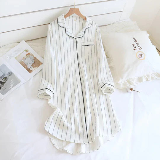 Cotton Gauze Nightgown Striped Knee Length Sleepwear