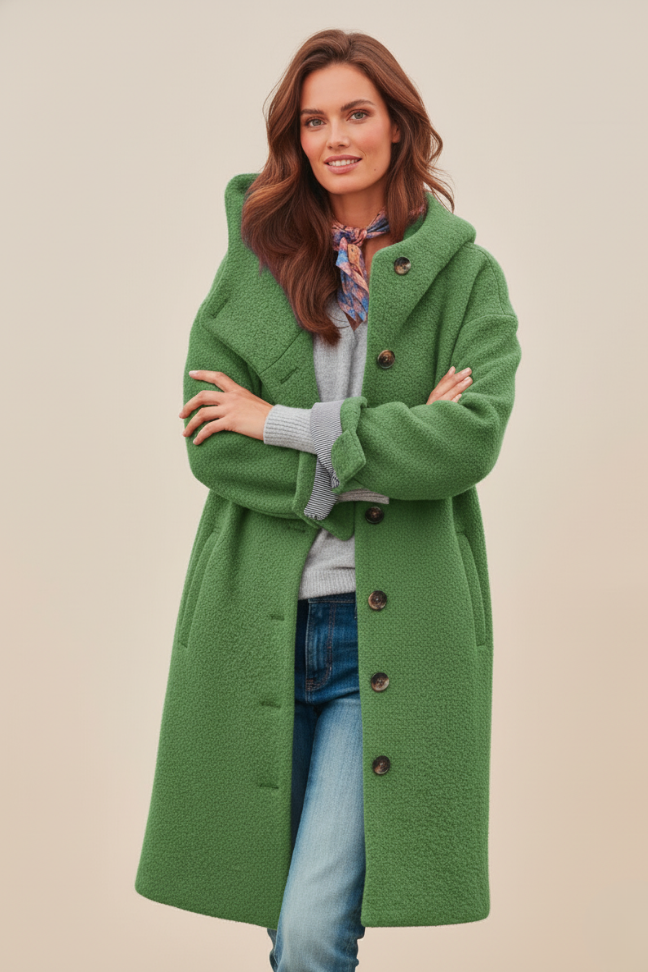 Fall Wool Blend Oversized Coat — Button-Front Hooded Outerwear