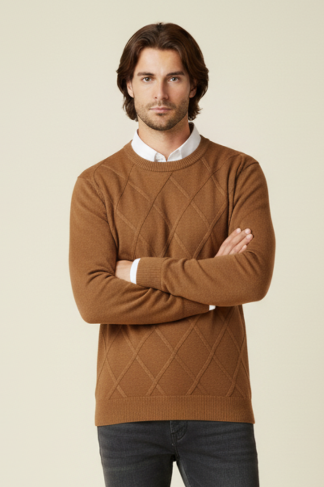 Fall Diamond Knit Cashmere Sweater — Classic Crew Neck Pullover for Layering