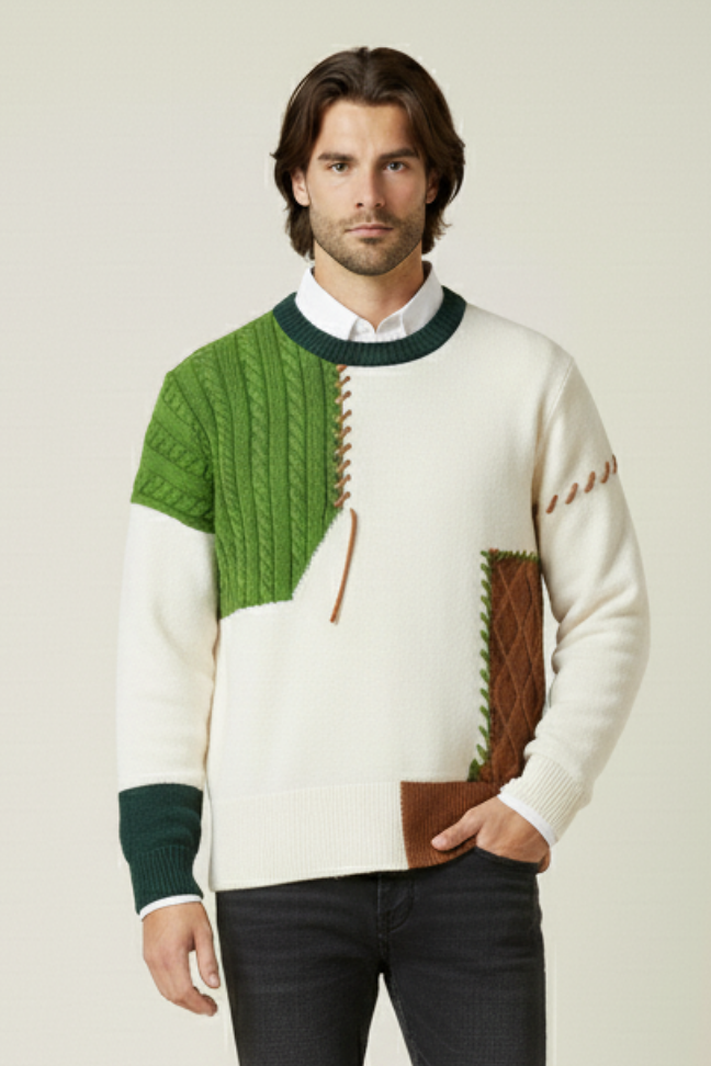 Fall Patchwork Knit Sweater — Textured Cable Stitch Pullover