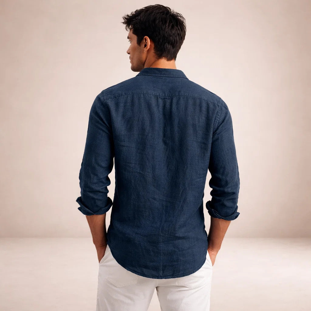 Mens Linen Shirt Open Collar Long Sleeve Regular Fit