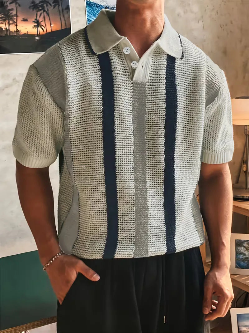 Mens Short Sleeve V Neck Striped Polo