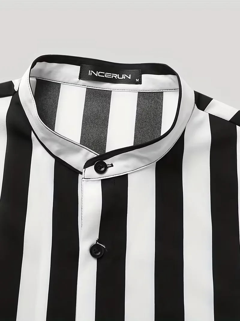 Mens Vertical Stripe Mandarin Collar Shirt
