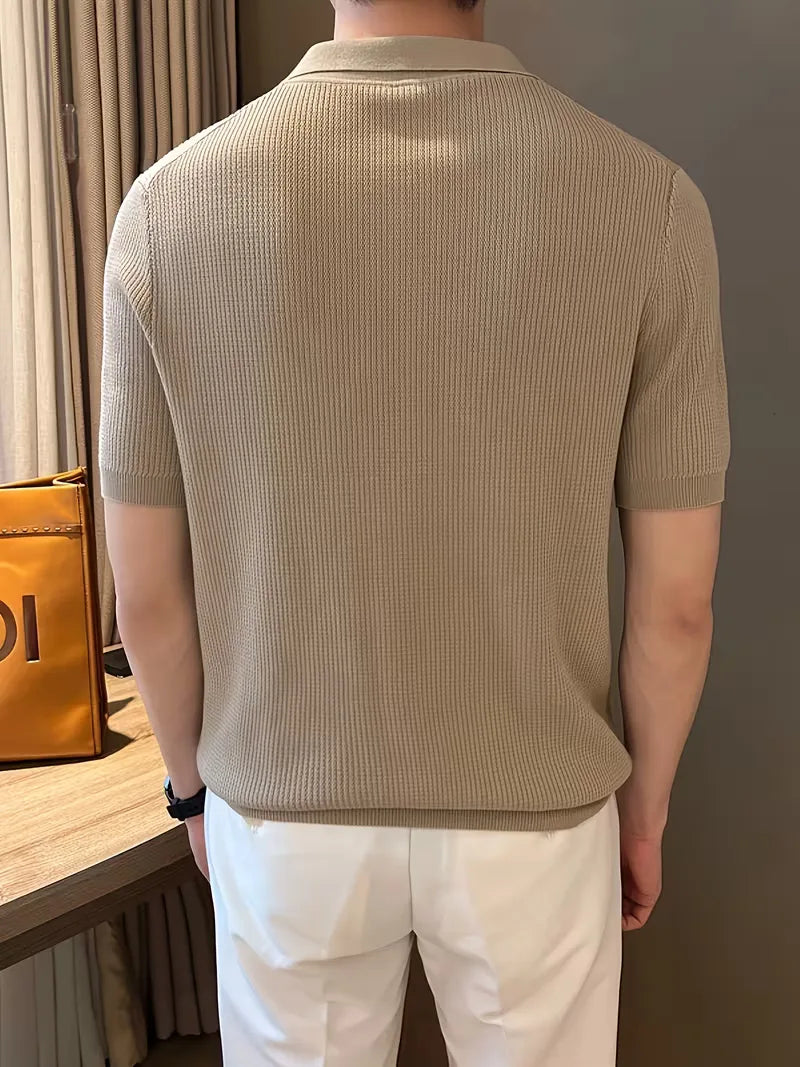 Mens V Neck Knitted Short Sleeve Polo