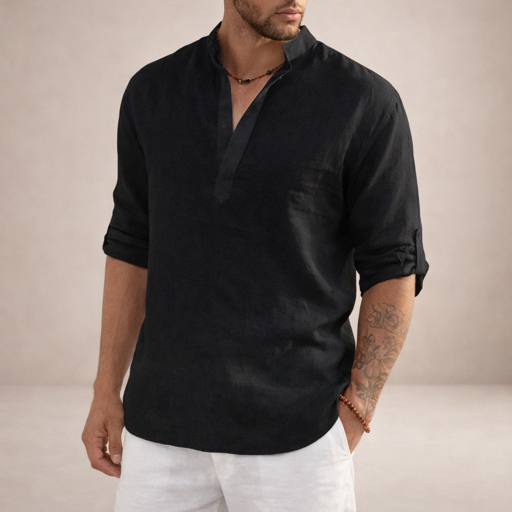 Men's Linen Shirt Regular Fit Breathable Stand-Up Collar Long Sleeves