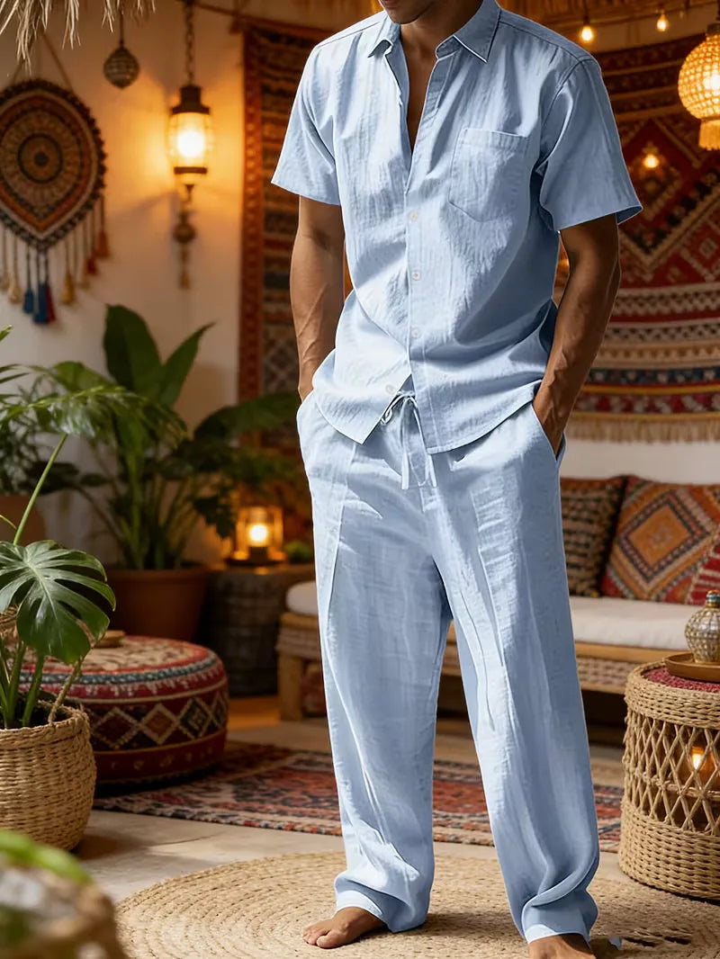 Mens Summer Linen Set Short Sleeve
