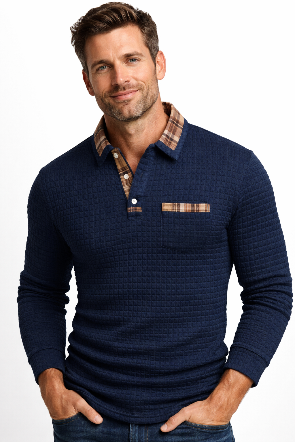 Mens Cotton Polo Long Sleeve Textured Five Color