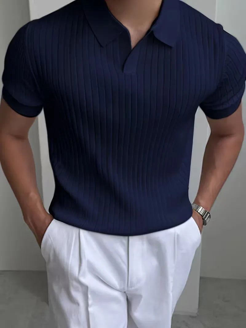 Mens V Neck Ribbed Texture Polo
