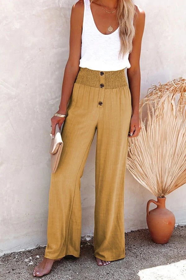High Waist Trousers Smocked Waist