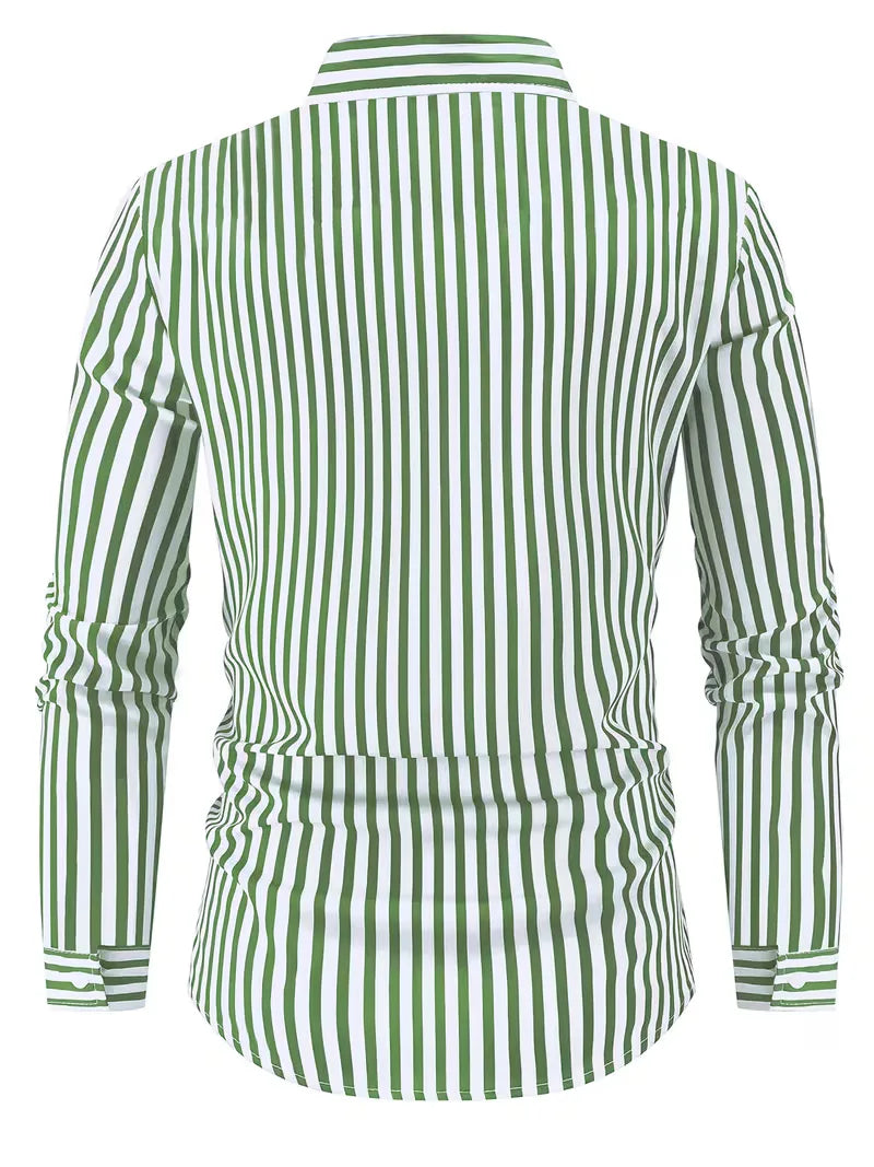 Mens Vertical Stripe Dress Shirt Mandarin Collar