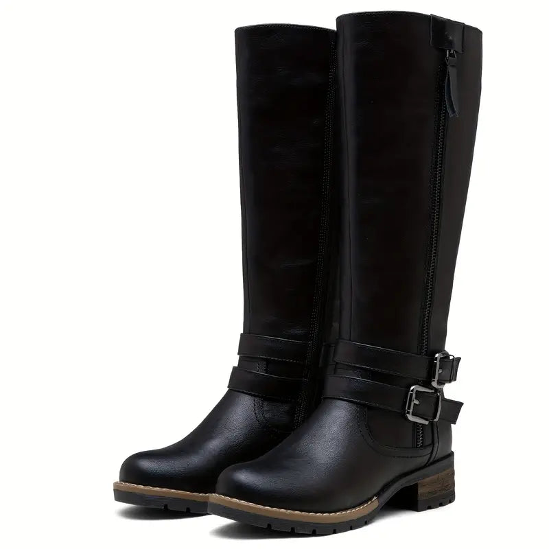 Tall Leather Boots Knee High Block Heel Round Toe Elegant