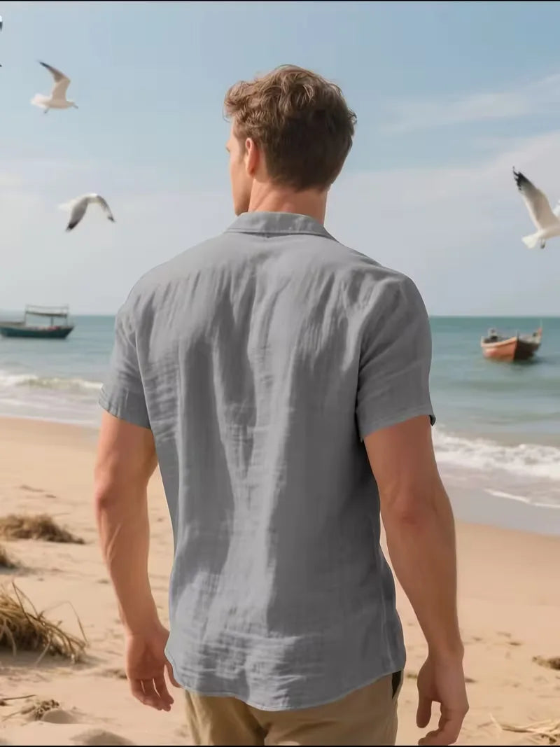 Mens Short Sleeve Linen Shirt Chest Pocket