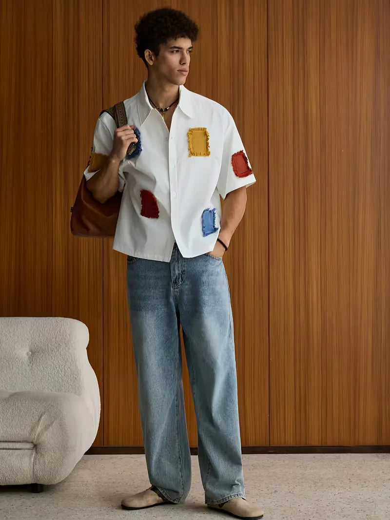 Mens Short Sleeve Patchwork Shirt