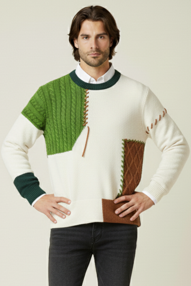 Fall Patchwork Knit Sweater — Textured Cable Stitch Pullover