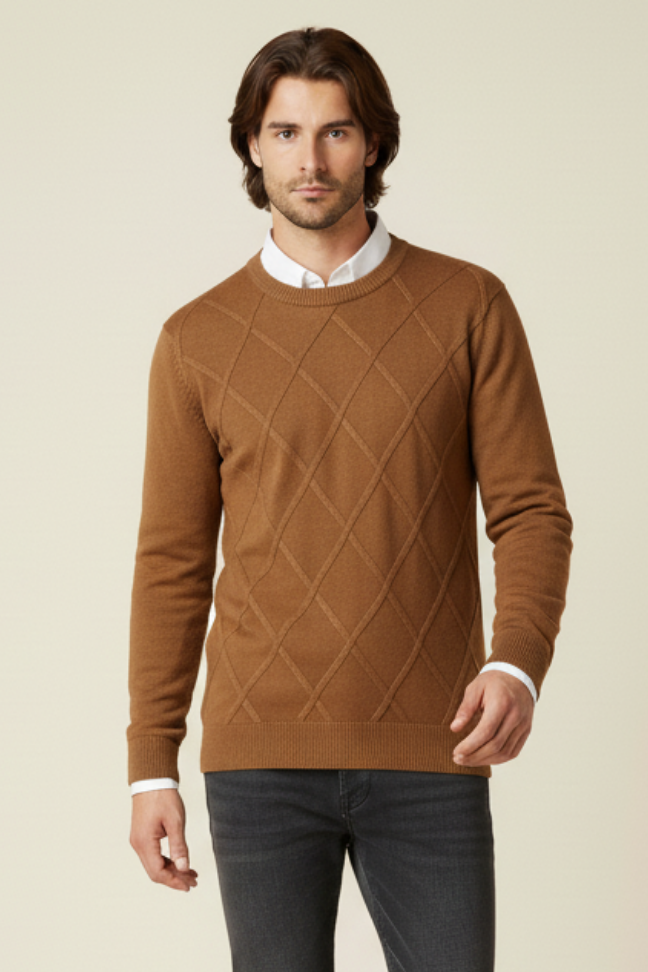 Fall Diamond Knit Cashmere Sweater — Classic Crew Neck Pullover for Layering